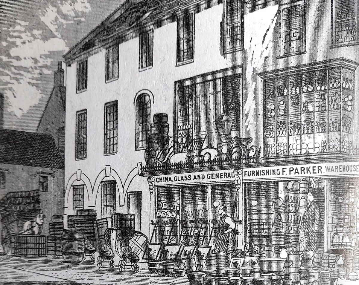 An archive illustration of F. Parker’s china, glass and furnishing warehouse in Market Place.