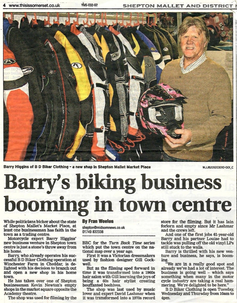 A newspaper feature on Barry Higgins and B.D. Biker Clothing in Market Place.